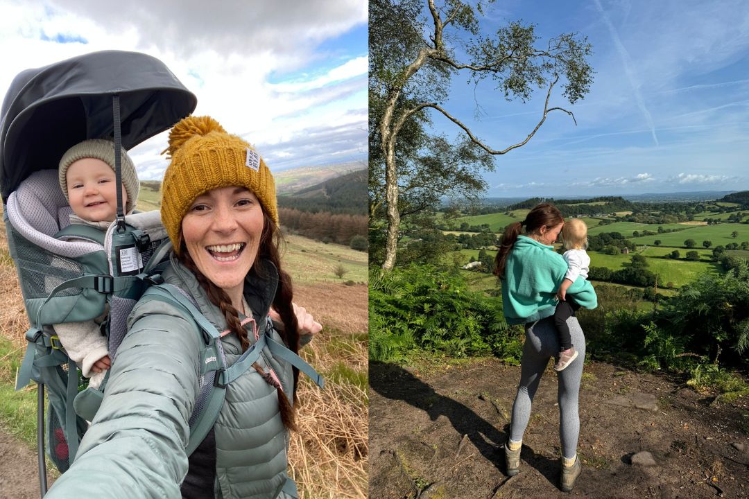 Katy share her hiking experience with walking for charity app trundl, showing different settings she's hiked with her baby daughter.