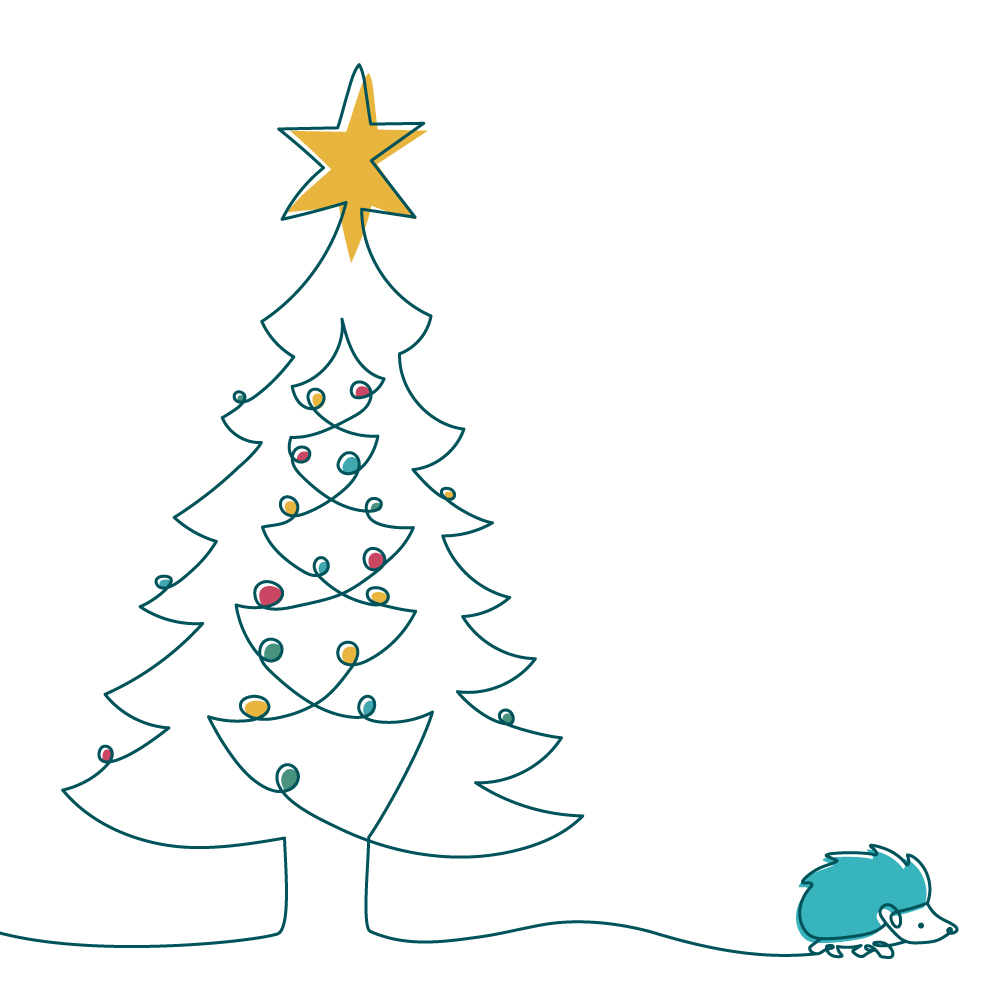 illustrative Christmas tree with a large yellow star on the top of the tree and the small blue trundl hedgehog icon walking away from the tree