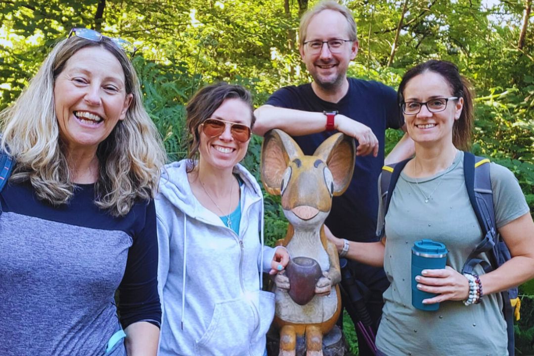 Founder of walking for charity app trundl and Ellie from Elevate With Ellie are shown on a netwalking trundl with 2 other people
