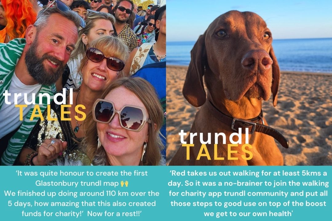 The picture features two stories from trundl members talking about how much they enjoy using the trundl app to keep healthy and raising funds for UK charity