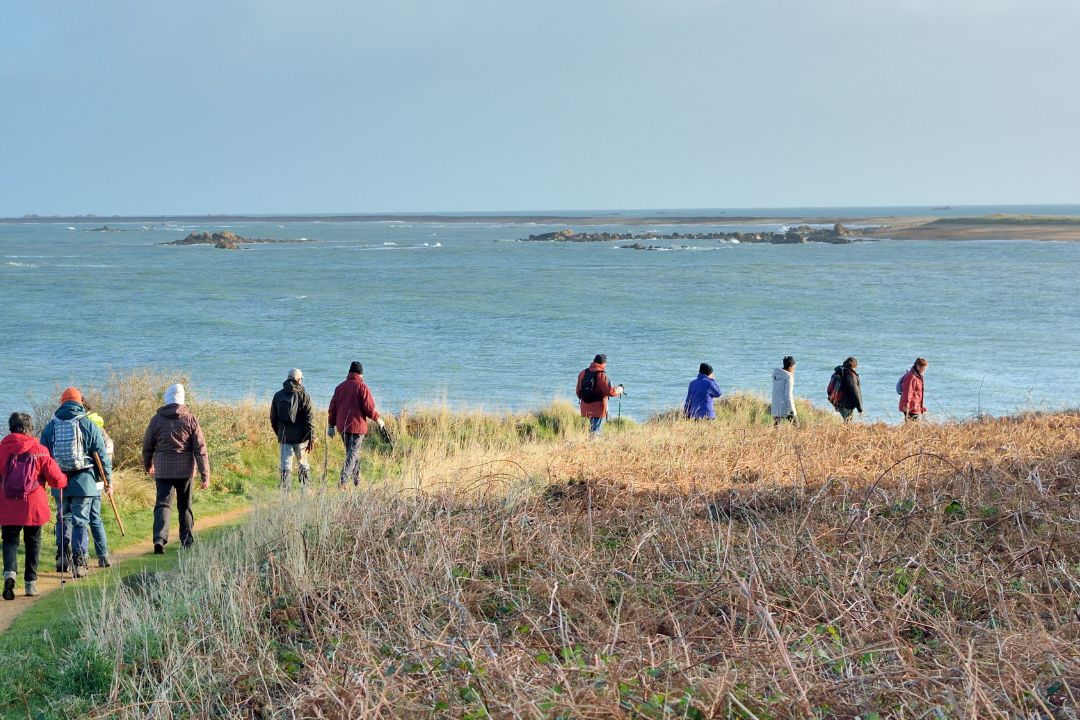 Image shows a group of adults walking along a coastal path