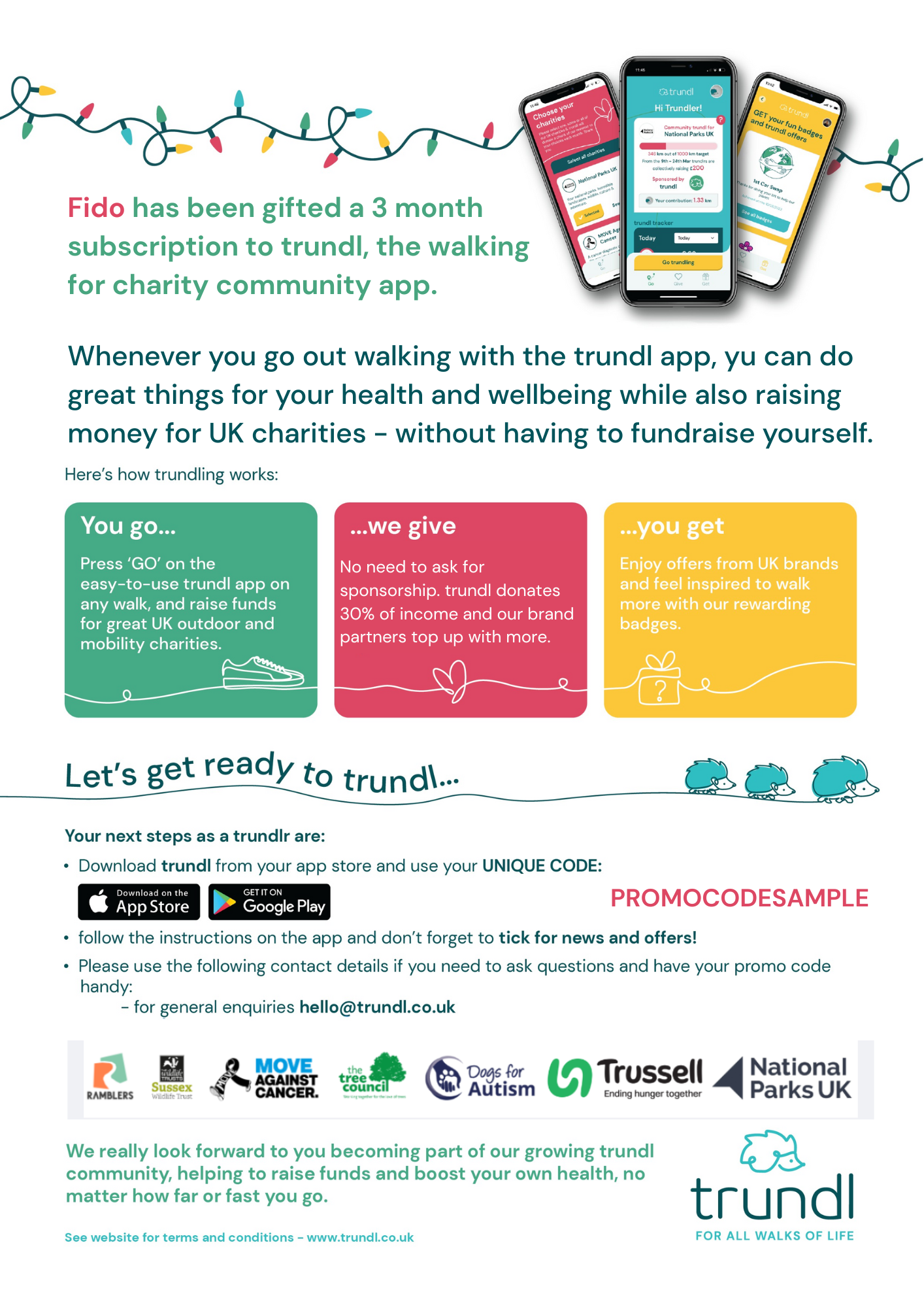 sample of trundl gift certificate with bright colourful illustrations of app and list of UK charities supported.
